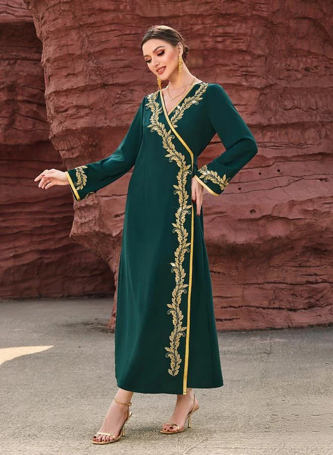 Take Two Women Green Golden Embroidered Flower Jalabiya